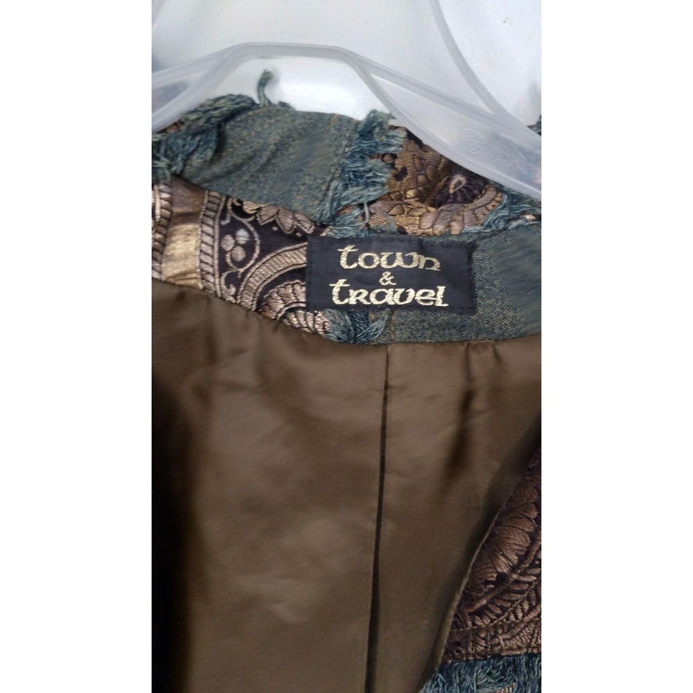 Vintage Town & Travel Denim Metallic Silk Blend Patchwork Jacket Women Sz Large - Picture 2 of 14